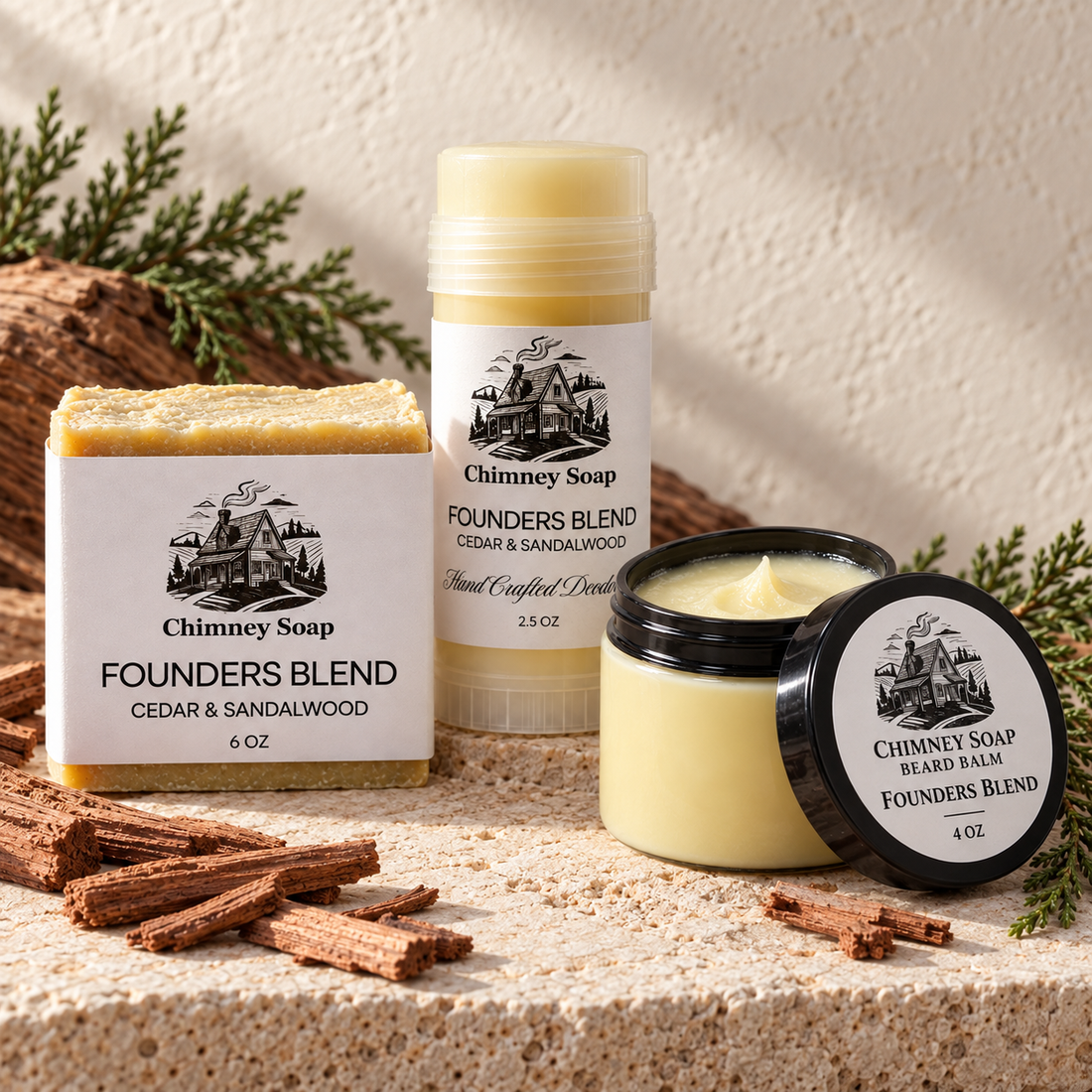 Founders Blend cedar and sandalwood product collection